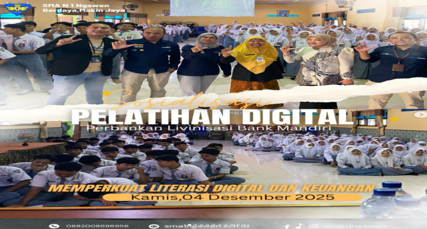 Sosialisasi dan Pelatihan Digital Perbankan Livinisasi Bank Mandiri bersama murid kelas XII hari ini di aula.